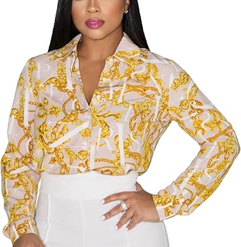 PINSV Womens Printed Button Down Shirt Long Sleeve Lapel Dressy Casual Work Blouse