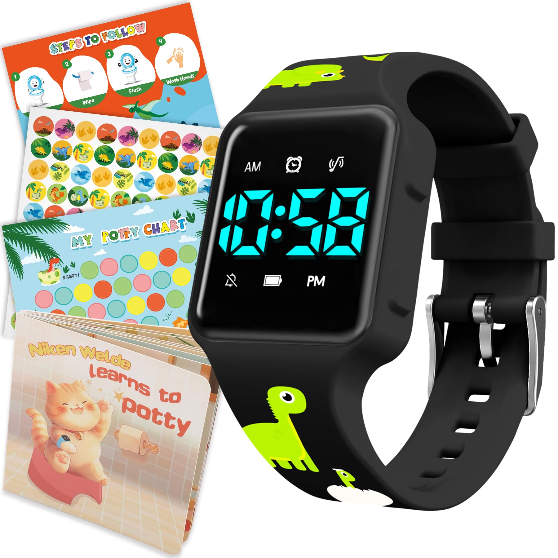 Toddler Potty Training Set Potty Training Watch with Musical Vibration Alerts Fun Board Book Progress Chart Reward Stickers