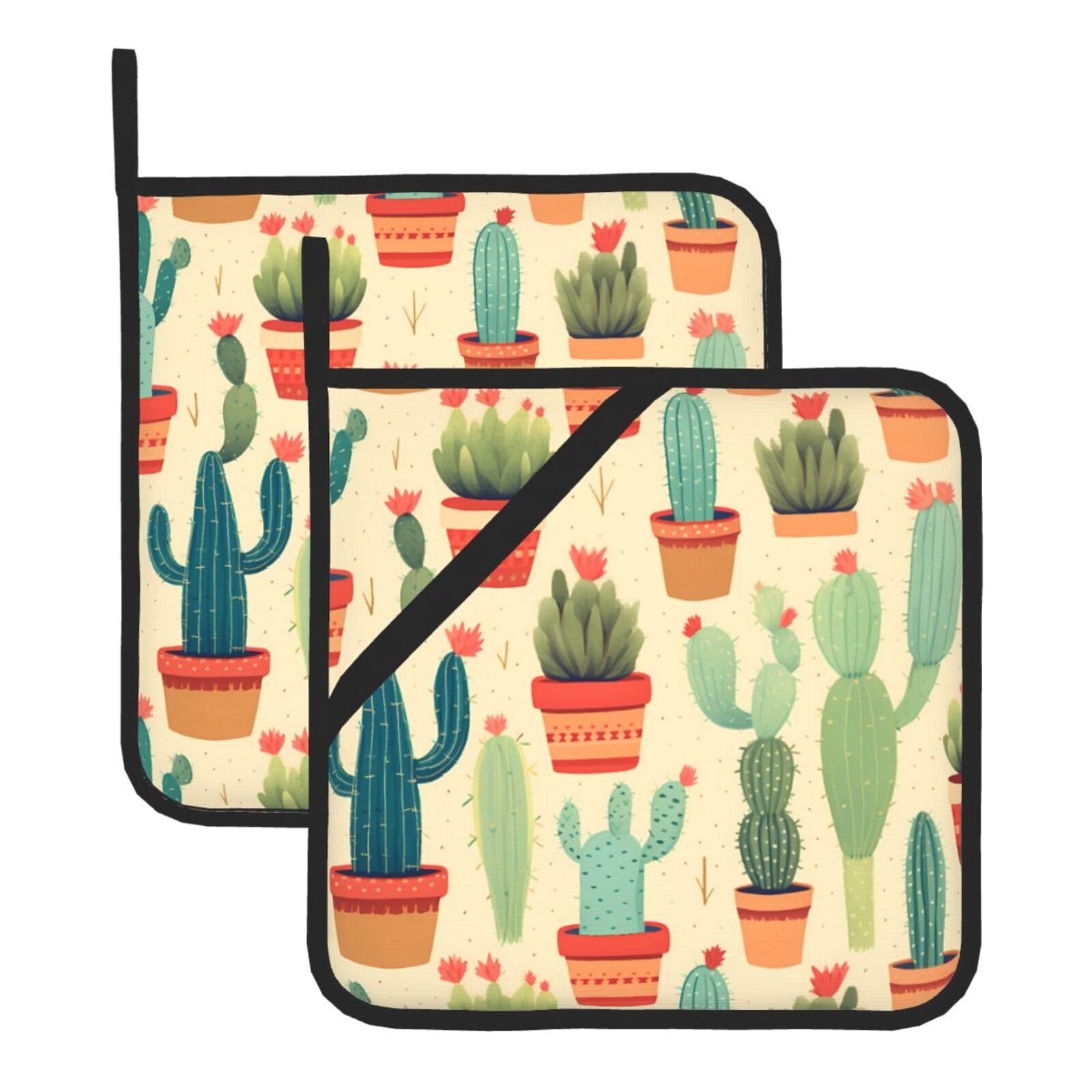 HJFCZH Watercolour Cactus Printed Square Insulated Pot Mat Set (2-Piece) 8x8in Waterproof, Thickened & Easy to Clean with Lanyard Design for Kitchen, Oven & BBQ