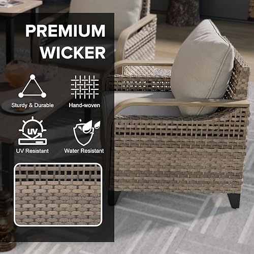 Miniatura 3 de COOS BAY Silla moderna de mimbre para patio con cojines, silla de comedor de ratán con reposabrazos curvos, asiento al aire libre de ratán de