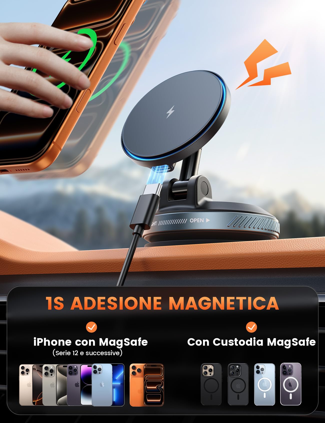 Lamicall 15W Caricatore Wireless Auto per MagSafe - [30KG Forte Aspirazione] Supporto Auto per Magsafe Ricarica con Ventosa a Vuoto, Magnete Forte, per iPhone Serie 17 16 15 14 13 12