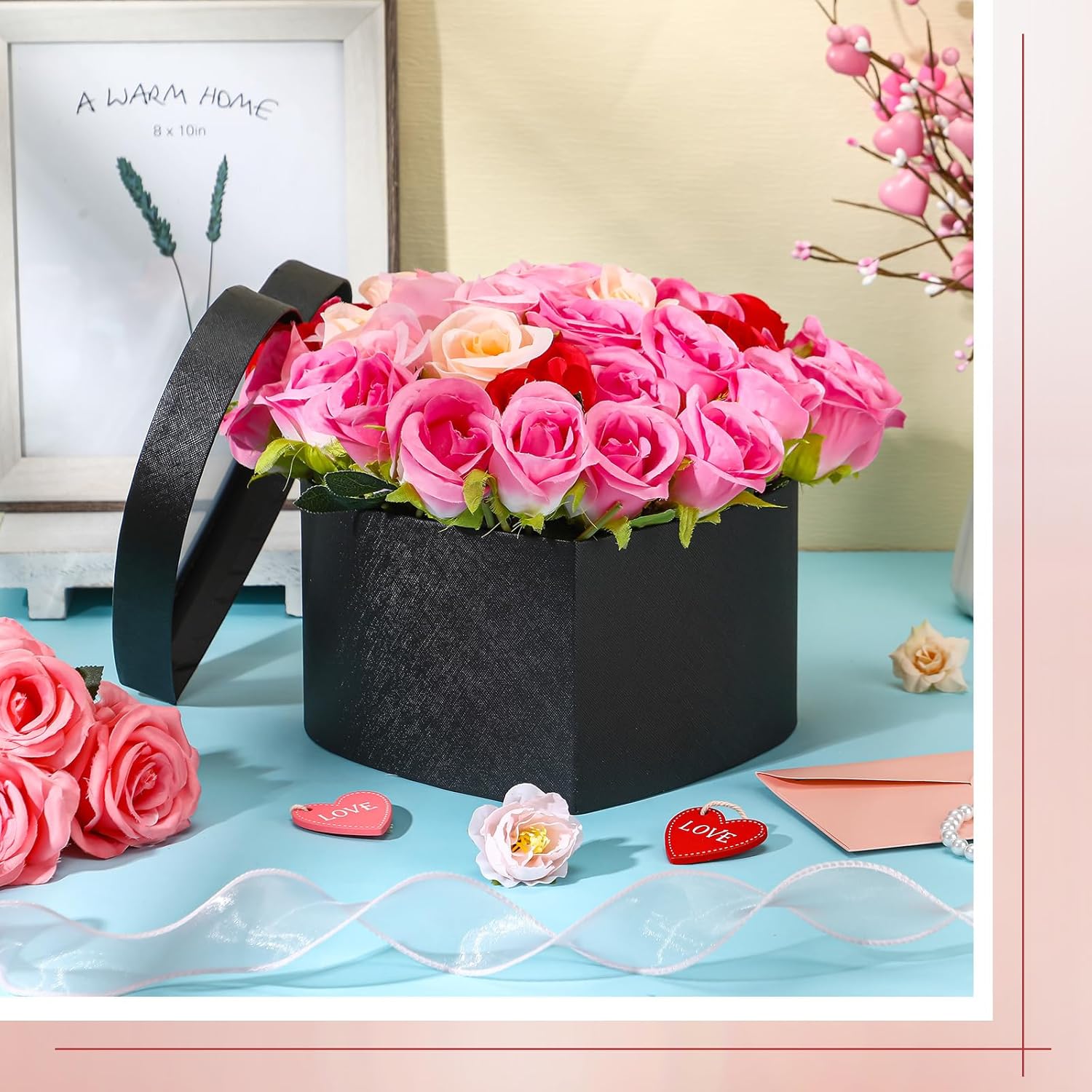 Nuenen Heart Shaped Flower Gift Boxes, Floral Gift Box with Lids Floral Foam Clear Cellophane 9.8 x 9 x 5 Inches for Mother's Day Wedding Graduation Birthday Packaging Arrangements(Black) - Image 5