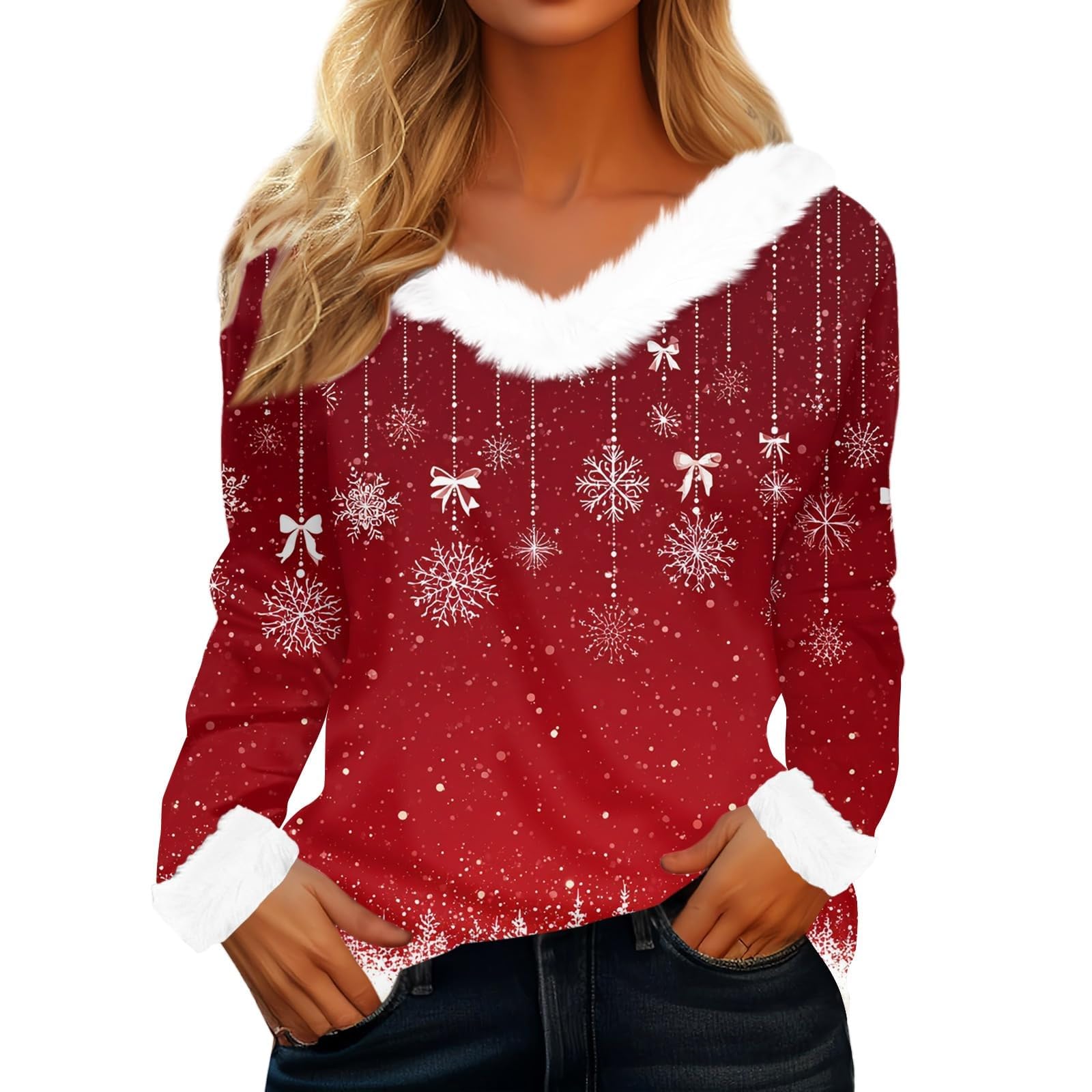 Womens Christmas Blouse Faux Fur V Neck Long Sleeve Novelty Print Top,Red,M