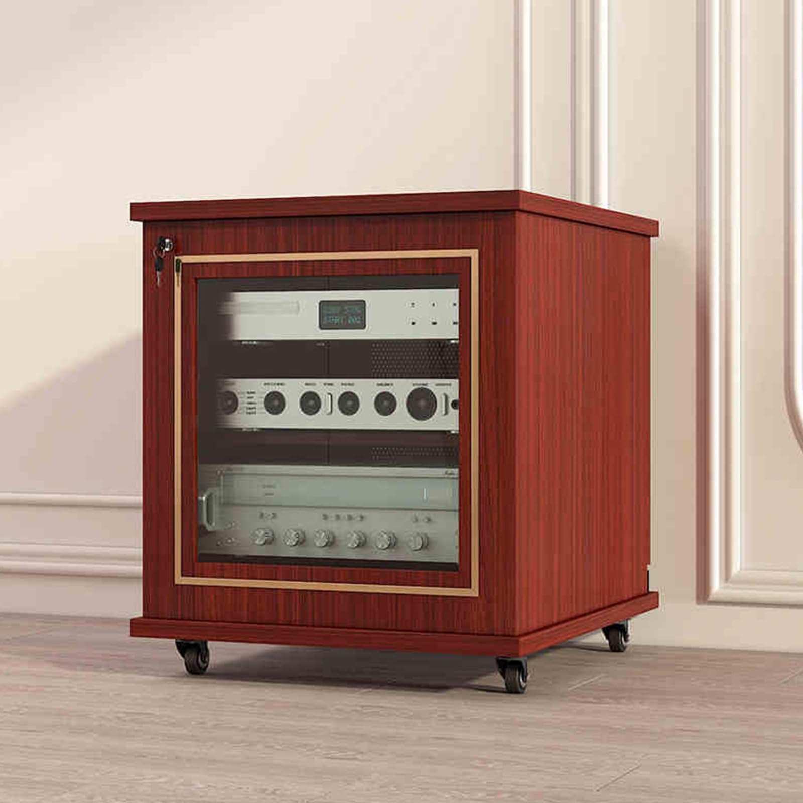 Support multimédia AV moderne avec roulettes, tour de rack audio, gestion des câbles, assemblage facile, armoire de rangement polyvalente pour la maison, le bureau et le théâtre, solution de rangement