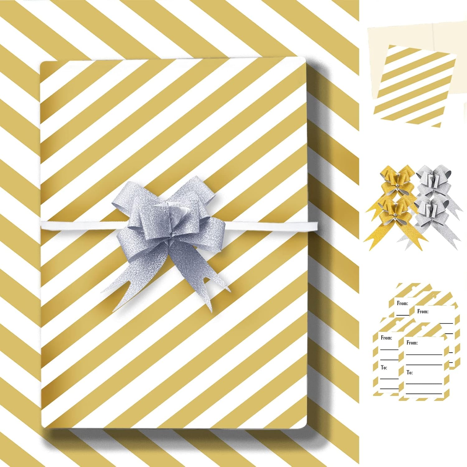 Wrapping Paper, 4 Gold Wrapping Paper Floded Sheet XL 85 * 60cm with 4 Bows,4 Cards,4 Stickers