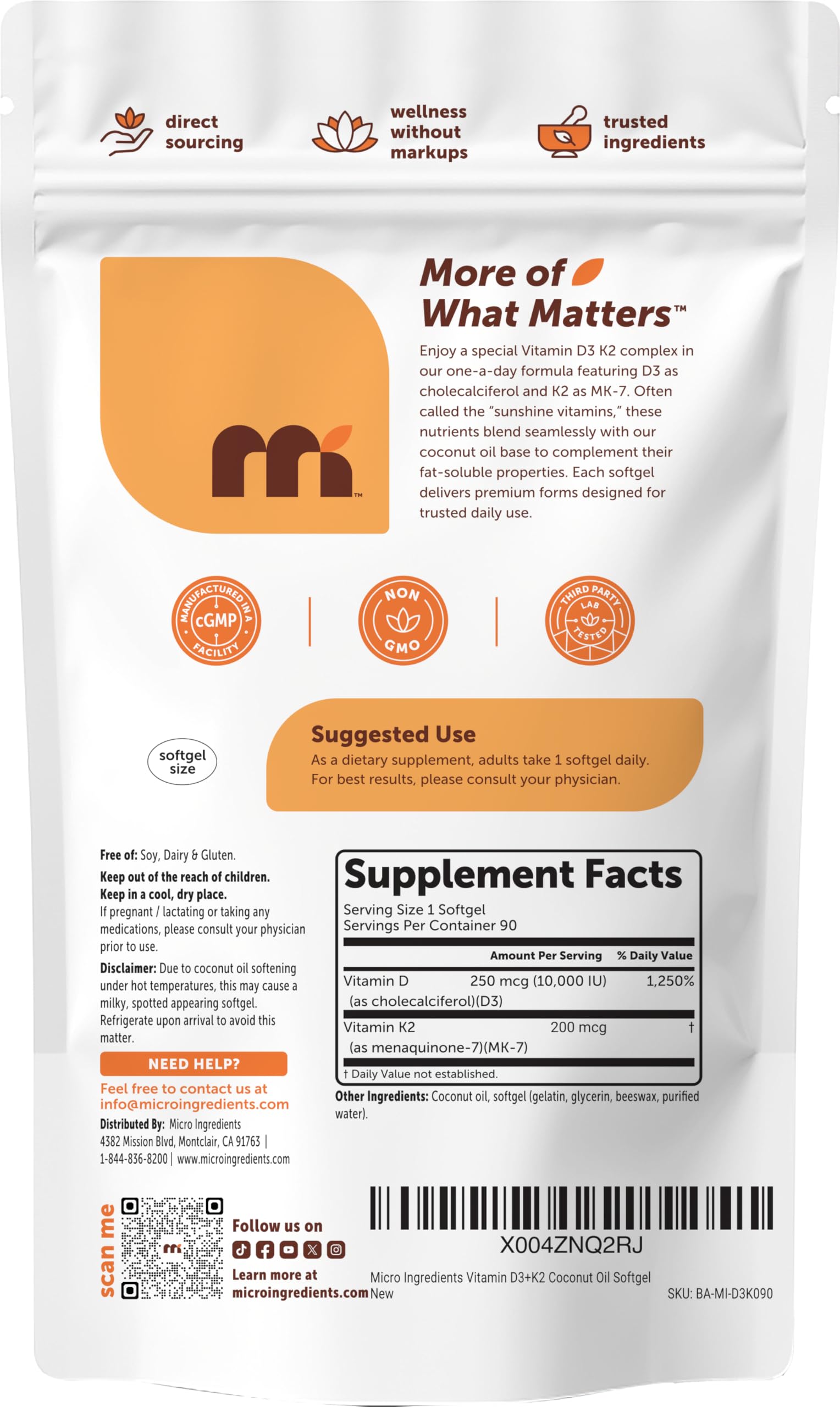 Micro Ingredients Vitamin D3 10,000 IU + K2 MK-7 200 mcg Per Serving, 90 Softgels | Extra Strength* 2-in-1 D3 K2 Supplement | Easy-to-Swallow Softgels Made with Coconut Oil | Non-GMO, Gluten Free — Amazon image 6