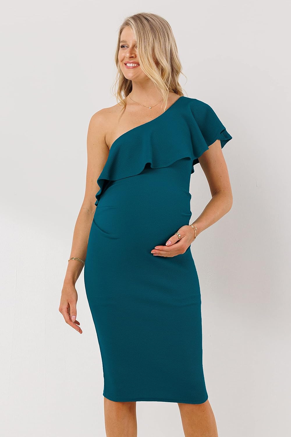 LaClef Women's Maternity Ruffled One Shoulder Side Ruching Dress - Image 3