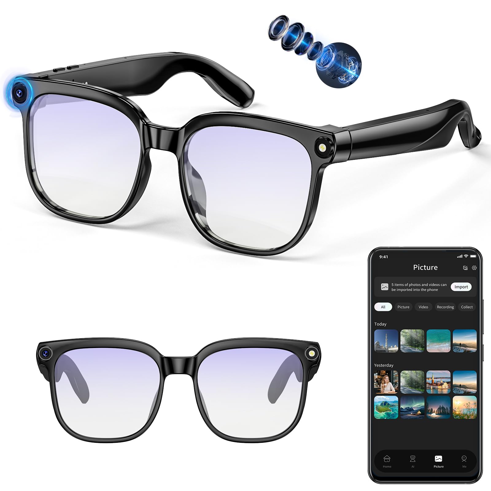 AI Smart Glasses with Camera, HD 4K 800W Video Recording Glasses with Audio, Bluetooth Sunglasses with Camera, Real Time Translation, Voice Assistant, Object Recognition-image-41