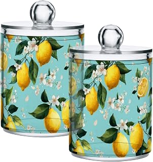Gredecor 4 Pack Qtip Holder Clear Lemon Yellow Citrus Fruits (60) Apothecary Jars with Lids Acrylic Bathroom Jars Vanity Countertop Canister Storage Organizer for Cotton Ball,Swabs,Pads,Floss