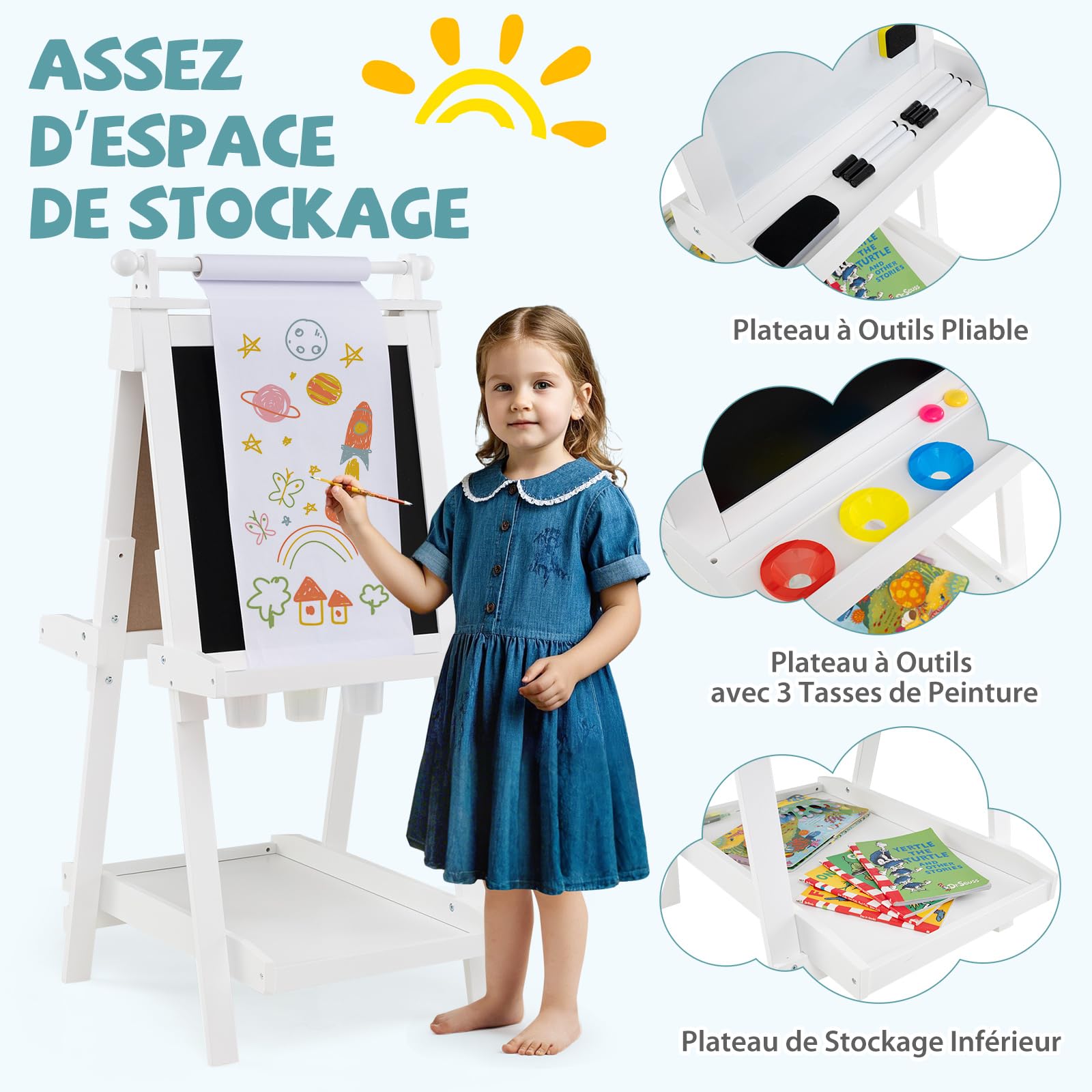 COSTWAY Tableau Enfant Double Face avec Hauteur Réglable & Rouleau de Papier Remplaçable, Chevalet Magnétique Pliable avec Tableau Noir & Blanc, 3 Pots & 3 Plateaux pour Enfant de 3 Ans+ (Blanc)