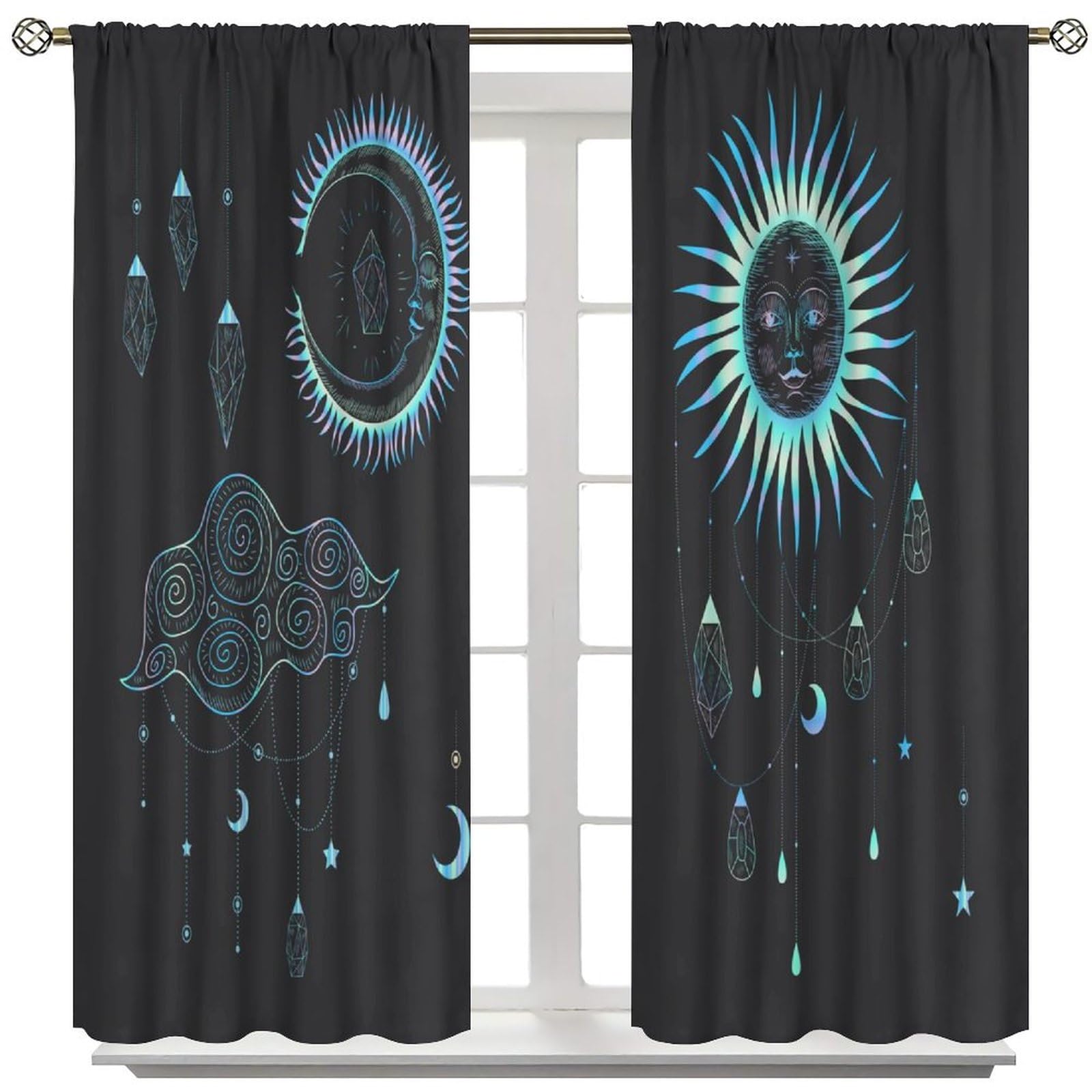 Sun Moon Mandala Window Curtains Bohemian Curtains for Bedroom, Boho Hippie Window Drapes for Kids Boys Girls Teens Living Room, Tribal Exotic Floral Window Treatments Curtains 42x45 Inch