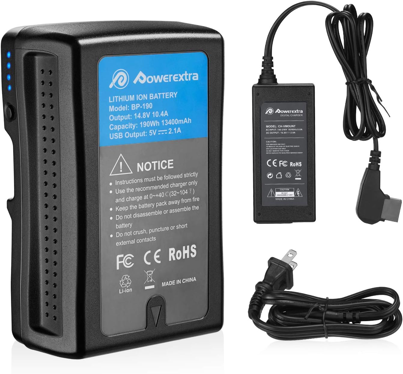 Powerextra 190Wh(13400mAh) V Mount V-Lock Battery with D-tap Output Cable and D-Tap Charger Compatible Video Camera Camcorder Broadcast LED Light : Electronics