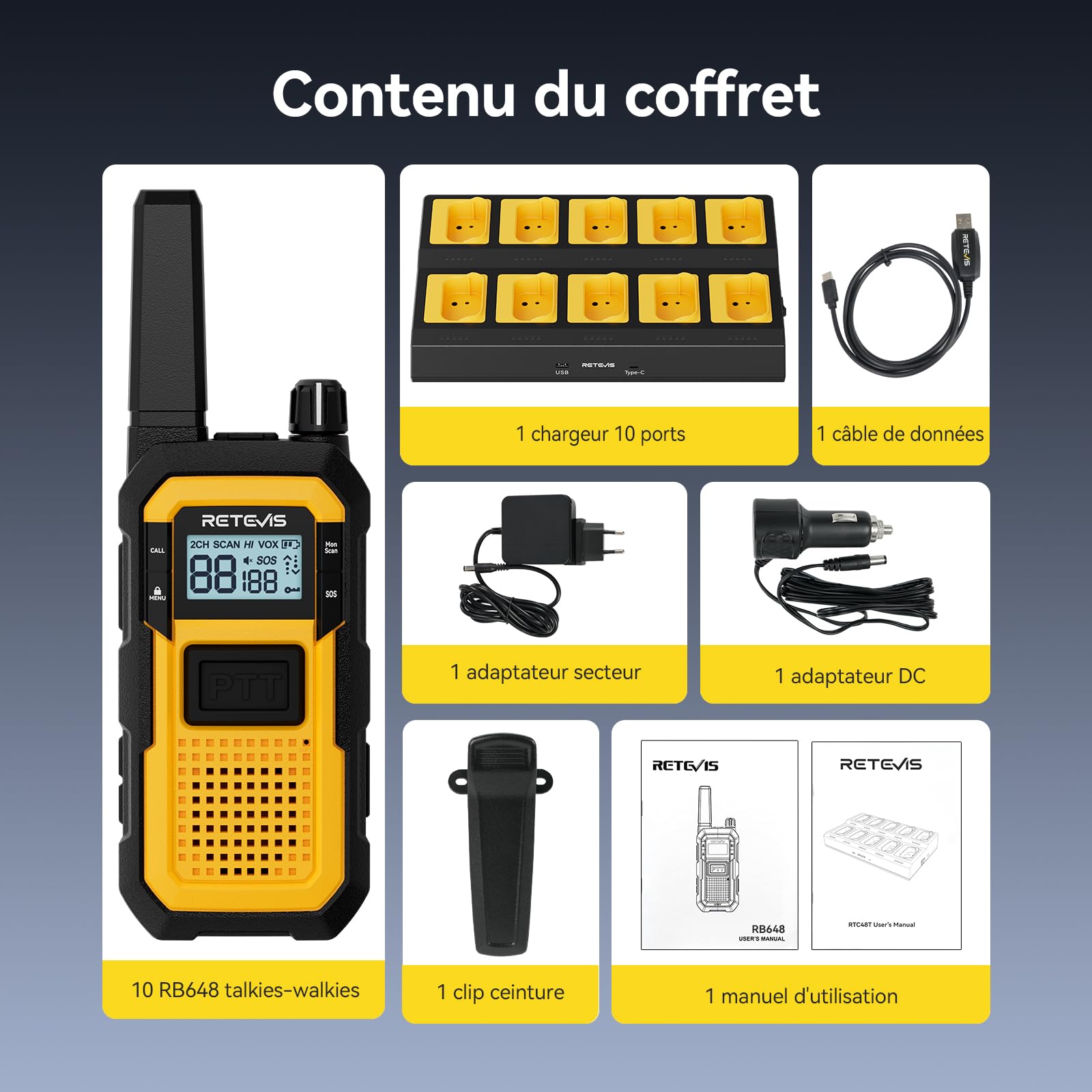 Retevis RB648 Talkie Walkie avec Chargeur 10 Voies, Radio Bidirectionnelle