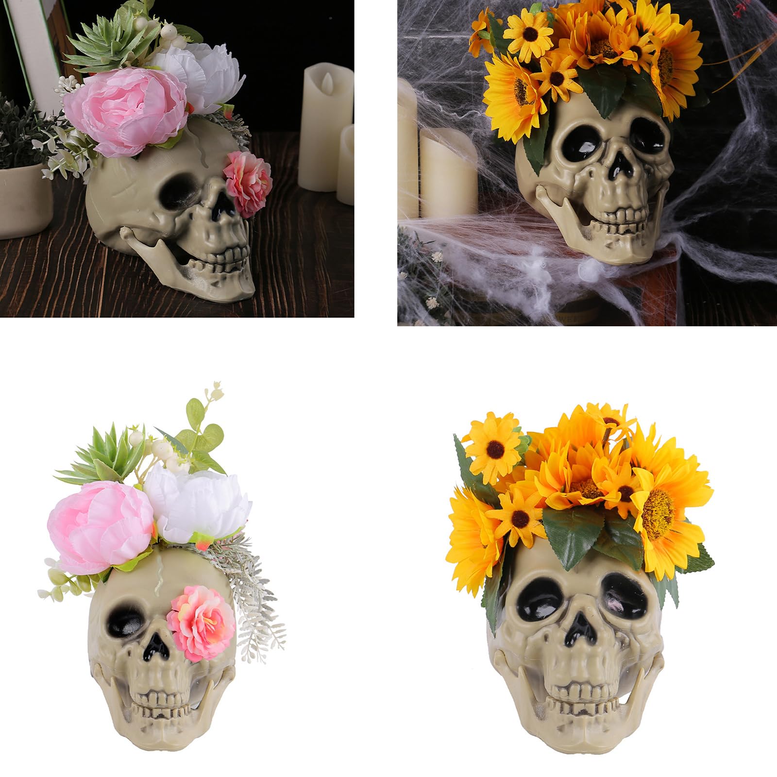 Amazon | ハロウィーンの装飾的な花の頭蓋骨骨骨棚棚の頭蓋骨の置物
