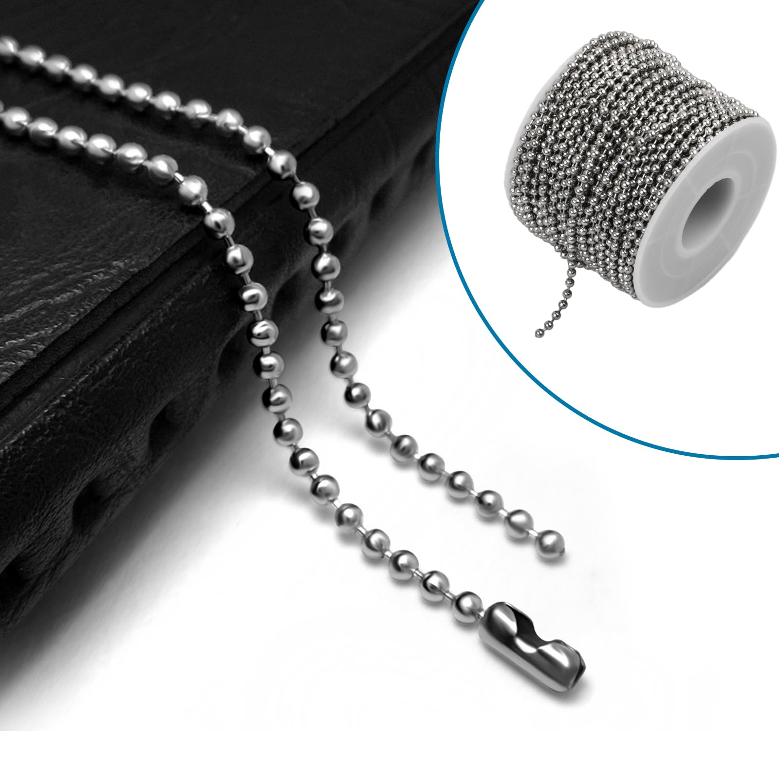 MIPIACE 10m Catena a Palline in Acciaio Inossidabile 2,4 mm con 50 Connettori Corrispondenti Catena di Perline per Creare Portachiavi Collane e Braccialetti Personalizzati e Decorazioni Natalizie