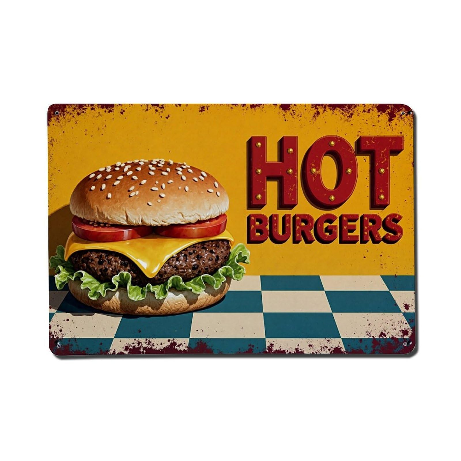 Hot Burgers Checkerboard Background Pattern Vintage Tin Sign Retro Metal Wall Decor Metal Poster, Home Bar Garage Farmhouse Cafe Wall Art Decoration 8x12Inches
