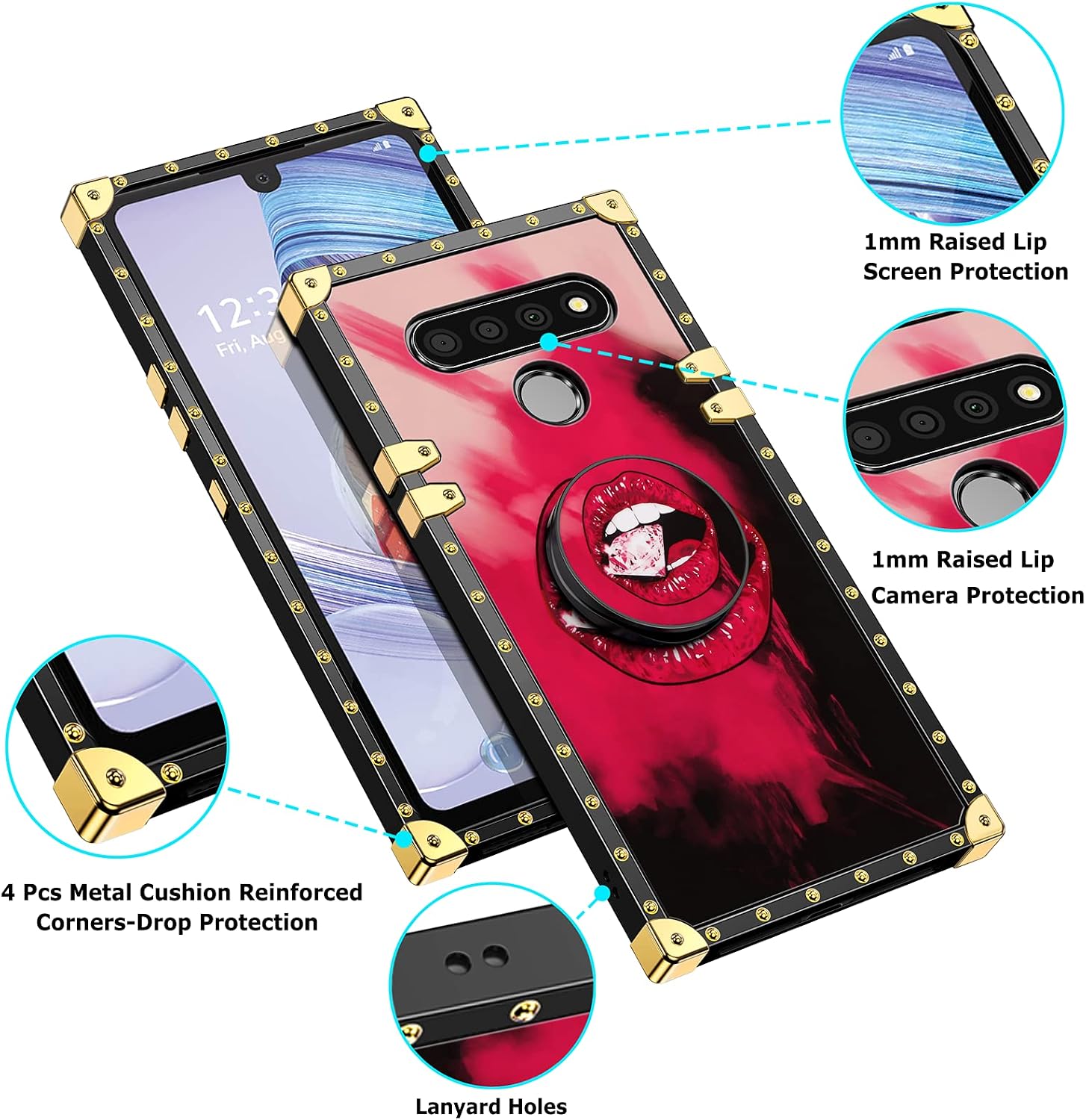 JAKPAK Case for LG Stylo 6 Case with Kickstand for Girls Women Soft TPU Luxury Stylo 6 Case with Strap Shockproof Protective Heavy Duty Metal Cushion Reinforced Corner Case for LG Stylo 6 Lip Ruby Red