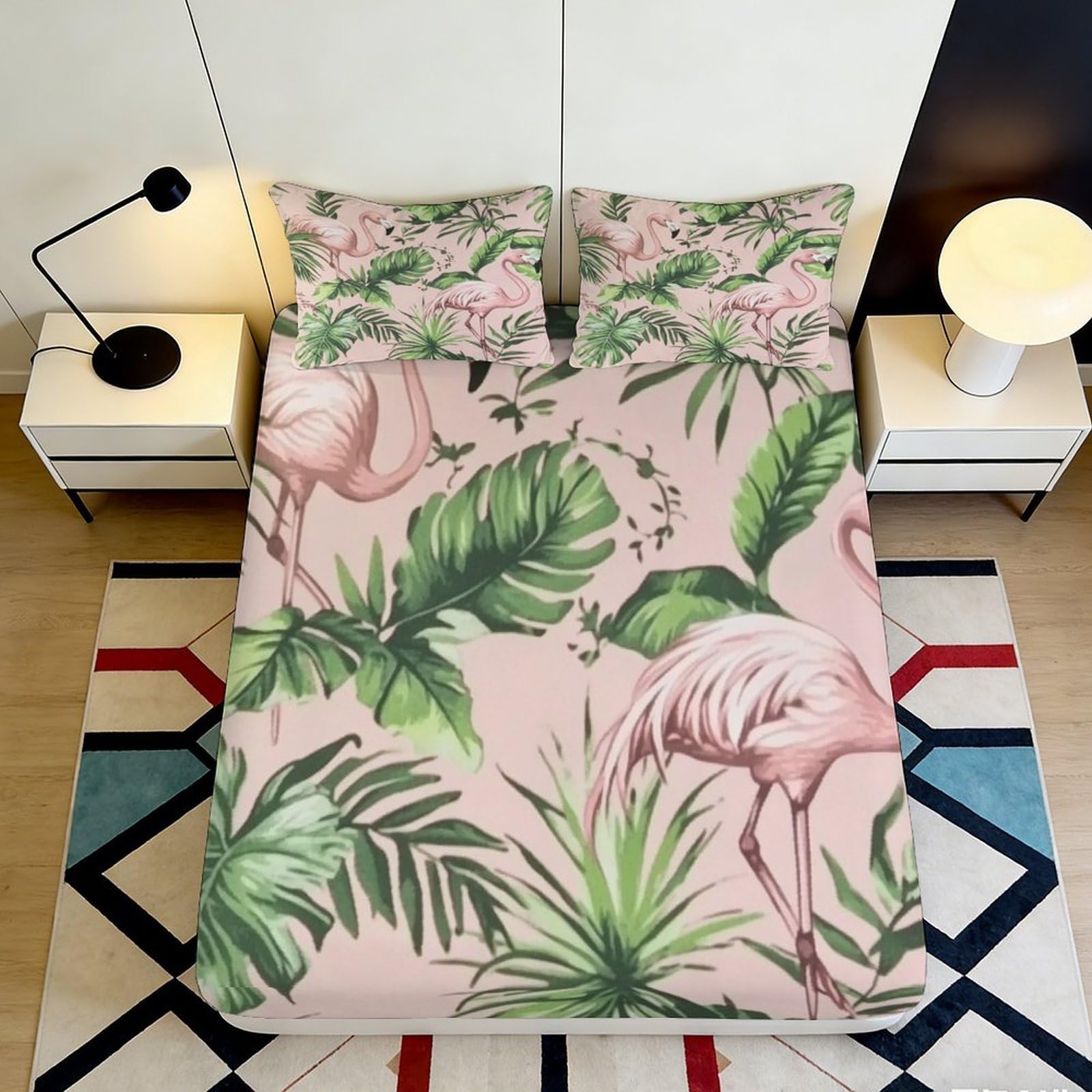 3D Printed Flamingo Pattern Fitted Sheet Microfiber Soft Breathable Tropical Leaves Bed Cover for Bedroom Dormitory Guest Room Mattress Protection 120x200x25cm