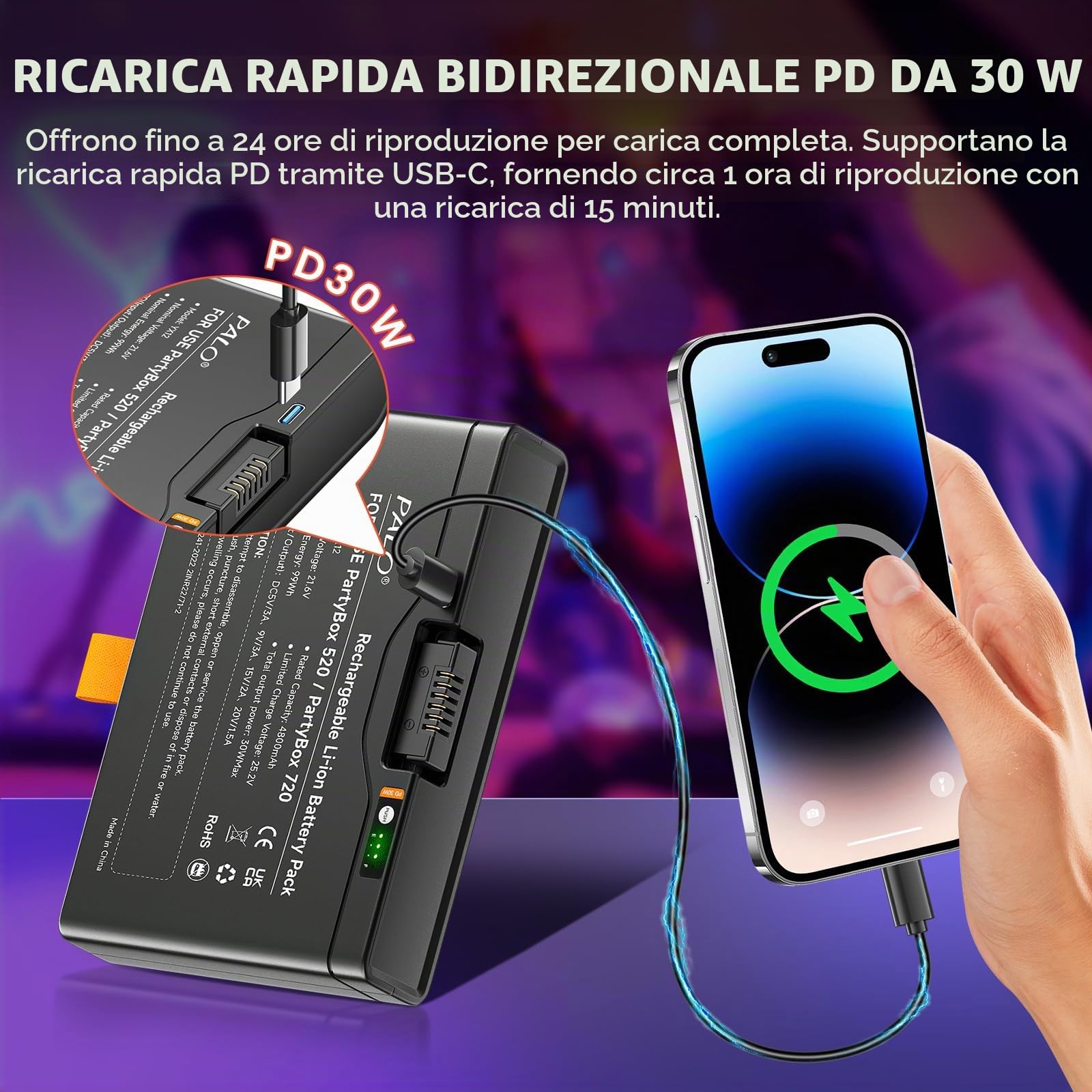 4800mAh Batteria 600 per -JBL Partybox Stage 520, Partybox Stage 720, Boombox 4 - PD 30W Batteria a carica rapida con uscita/ingresso USB (1Pcs)