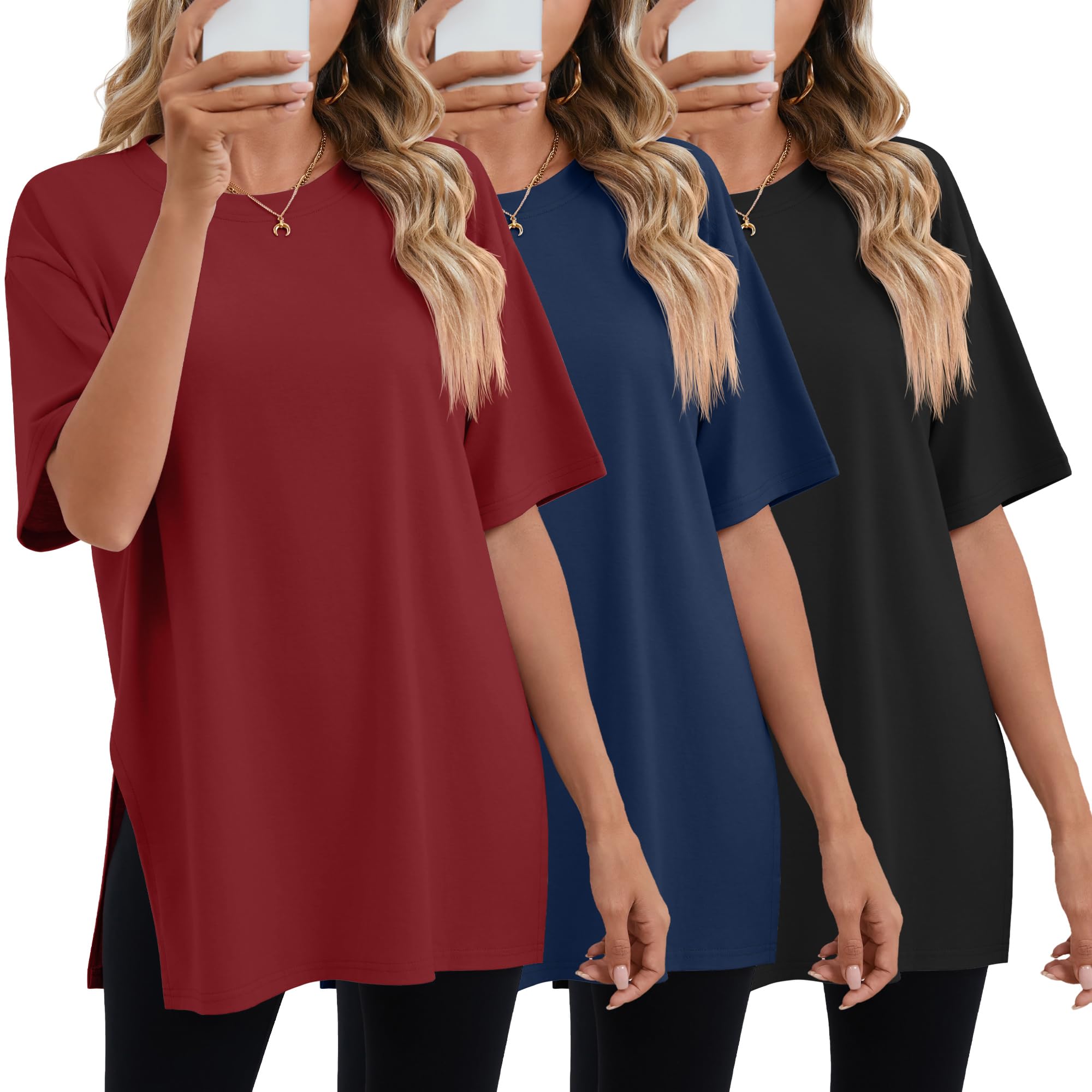 Geyoga Lot de 3 T-Shirts Oversize Femme | T-shirts Longs Coupe Ample, Hauts De Gym Baggy Ete, Manches Courtes, Col Rond, Fentes Laterales, Mode Grande Taille