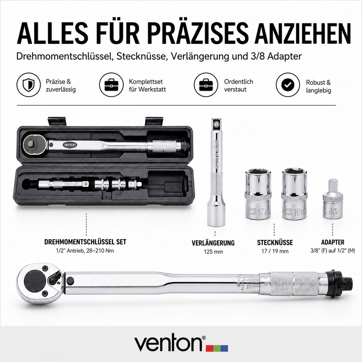 VENTON Klucz dynamometryczny 10-210 Nm zestaw 1/2" wraz z adapterem 3/8" | precyzyjne narzędzie samochodowe do wymiany kół z grzechotką