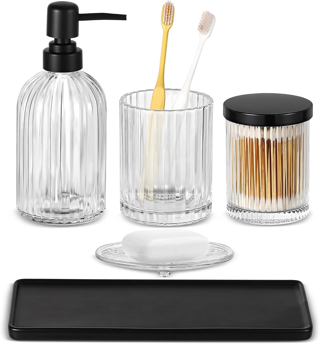 Shinowa Glass Bathroom Accessories Set, 5 Piece Luxury Bathroom Sets | Modern Vanity Countertop Organizer with Soap Dispenser, Toothbrush Holder, Q-Tips Holder, Soap Dish, Ceramic Tray,Clear+Black