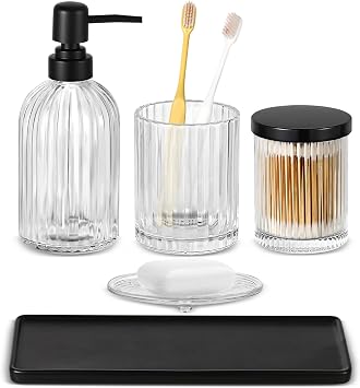 Shinowa Glass Bathroom Accessories Set, 5 Piece Luxury Bathroom Sets | Modern Vanity Countertop Organizer with Soap Dispenser, Toothbrush Holder, Q-Tips Holder, Soap Dish, Ceramic Tray,Clear+Black