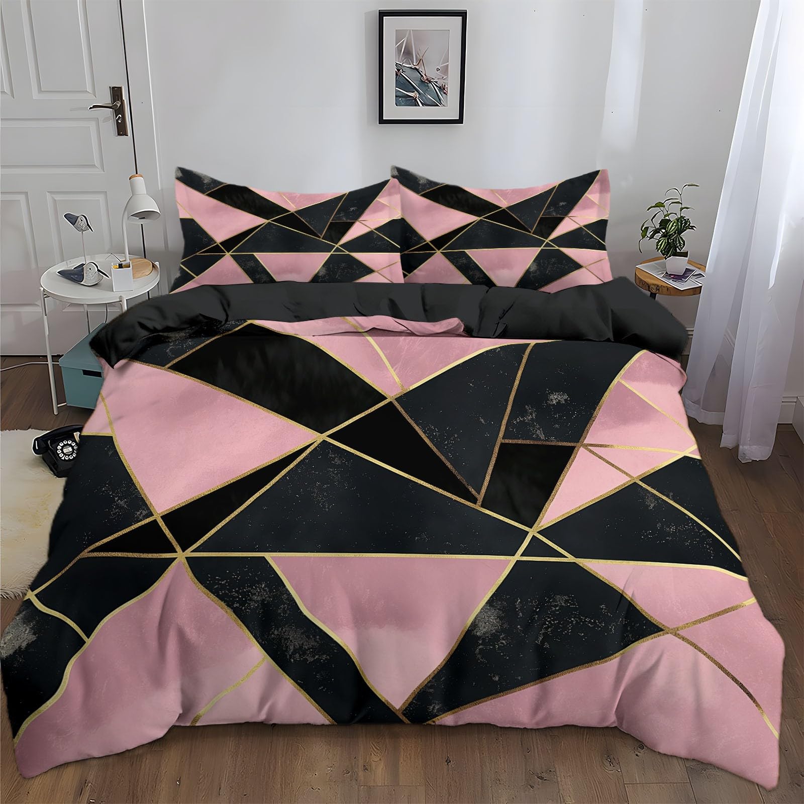 Juego de funda nórdica con estampado Minimalista Geométrico Triángulo para adultos, adolescentes De Microfibra con Cremallera Negro Funda nórdica Lavable - 135 x 200 cm Ropa de cama