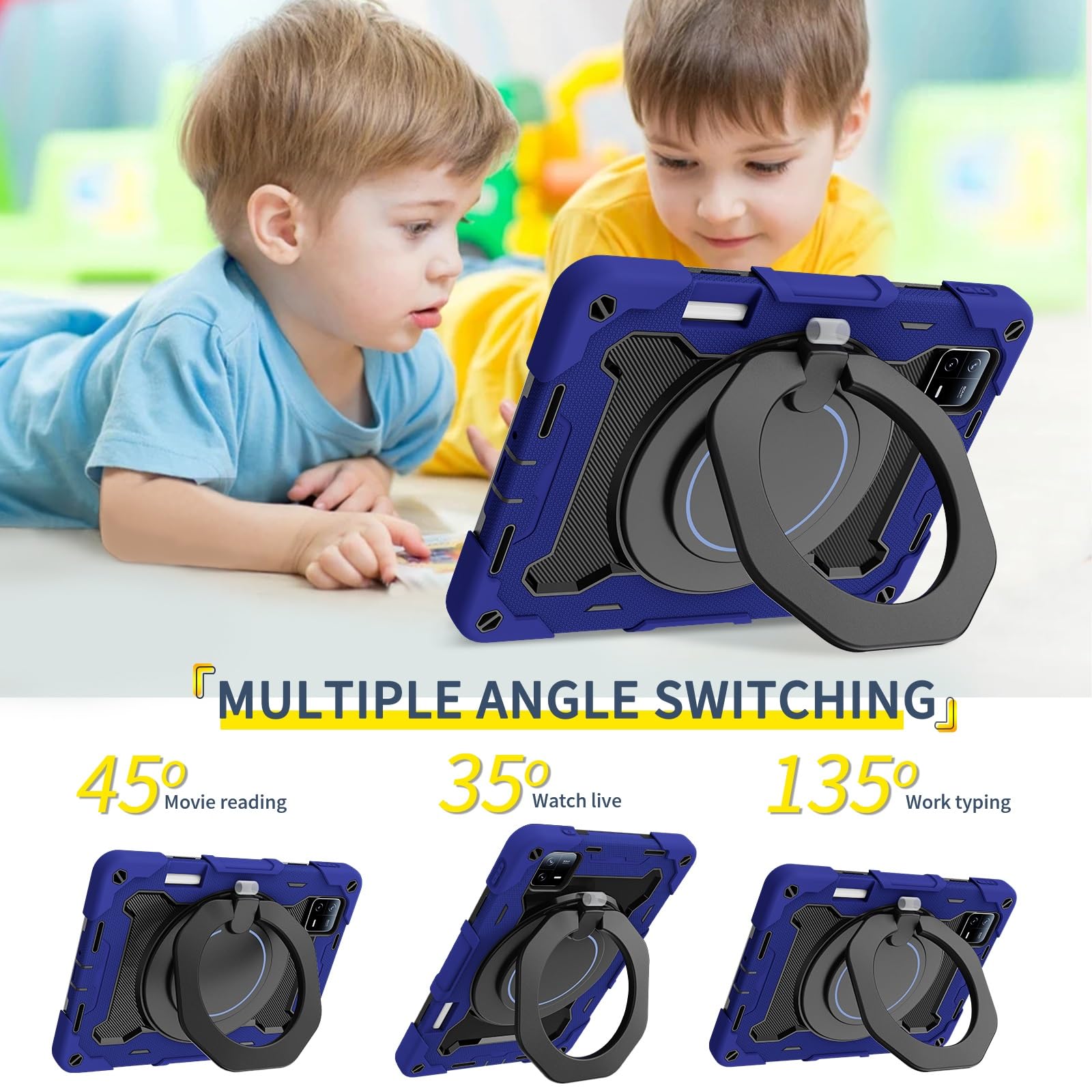 Custodia protettiva resistente per Xiaomi Mi Pad 6/Mi Pad 6 Pro 11" 2023, supporto girevole a 360°, tracolla, portapenne e anello per impugnatura, copertura antiurto per bambini e adulti (blu