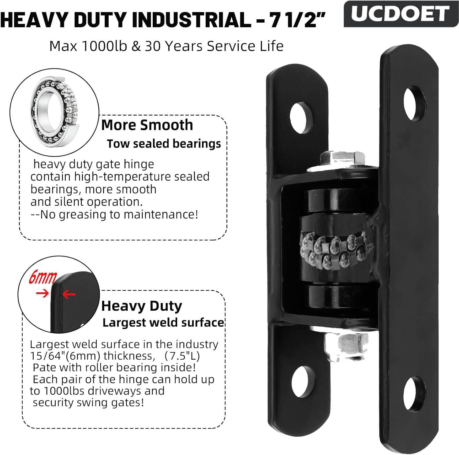 Heavy Duty Upgraded Sealed Bearing Gate Hinges Bolt or Weld on Hinge for Outdoor Large Heavy Driveway Gates Up to 1000 Lbs, Adjustable Yoke Pivot CI3700 Gate Hinge -1Pair Black