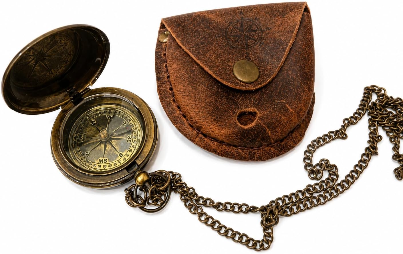Engraved Brass Compass on Chain with Leather case, Wedding Gifts, Valentine’s Day Gifts Brass Camping Compass Working Compass