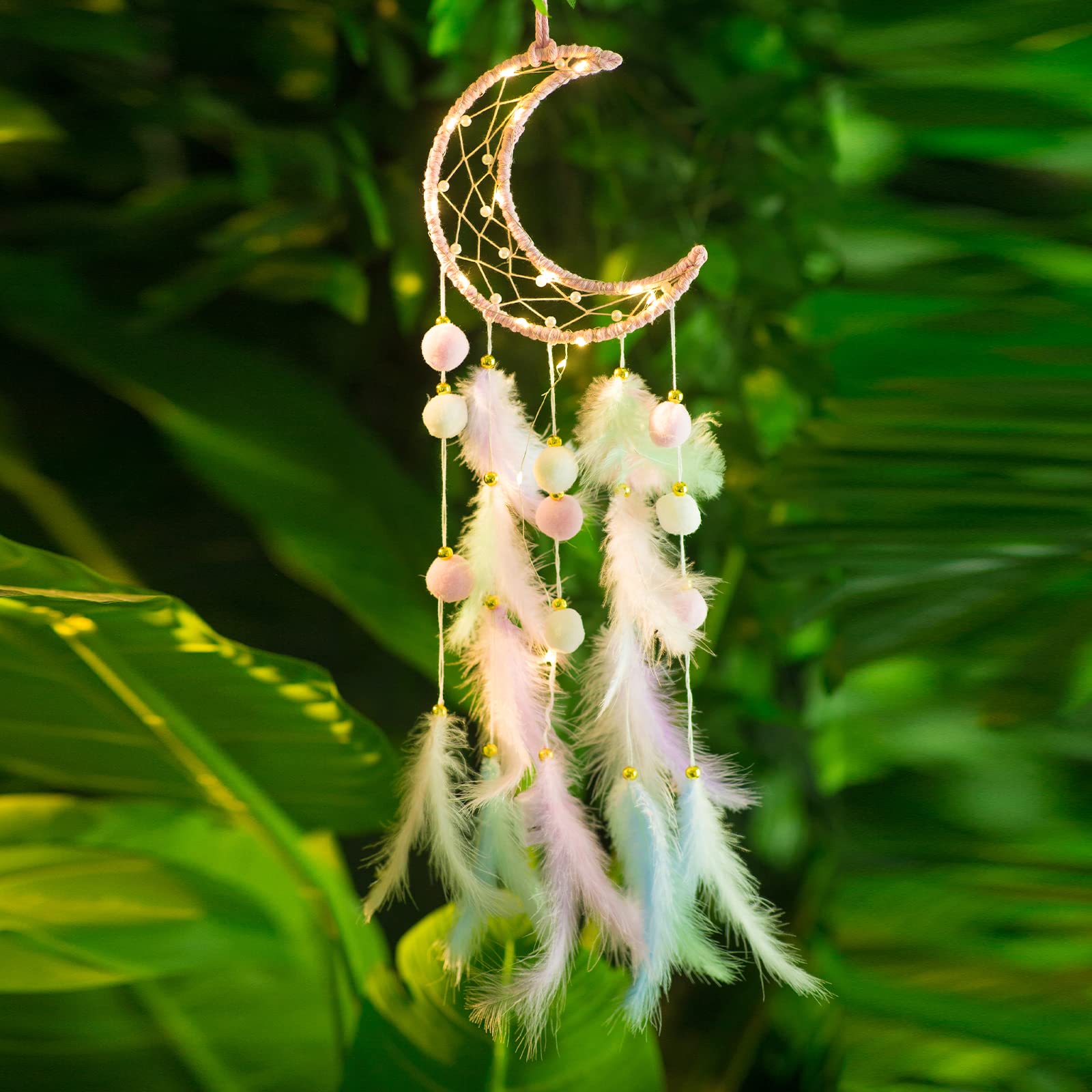 Dream Catchers, Moon Dream Catcher with Lights Dreamcatcher Bedroom Wall Décor Catcher Girls Room Decor Teenager,Moon Gifts Dream Catchers for Mom Women-Moon Catcher Feather Wall Décor(Moon)