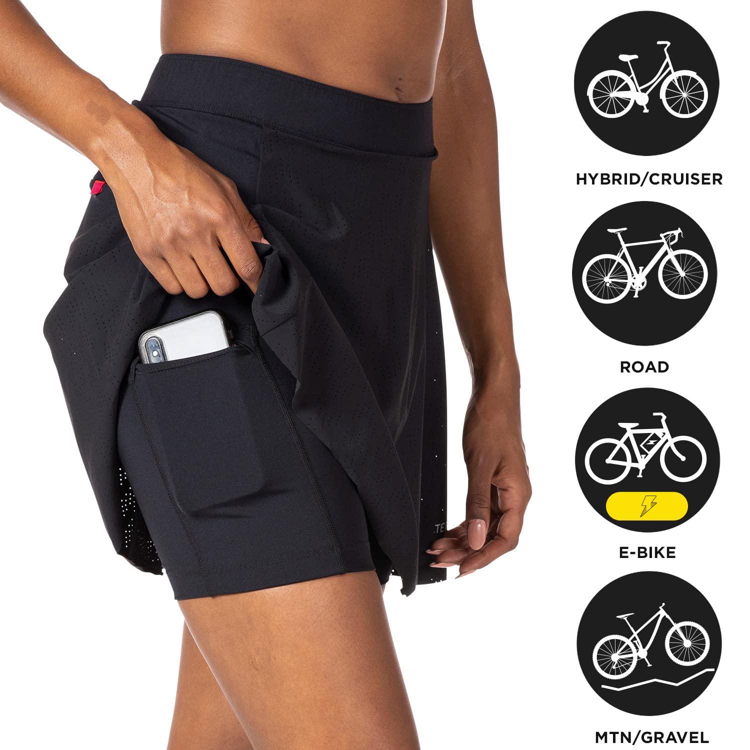 Terry Indie – Jupe-short de cyclisme rembourrée pour femme, design perforé, ourlet brut attaché, couture d'entrejambe de 14 cm