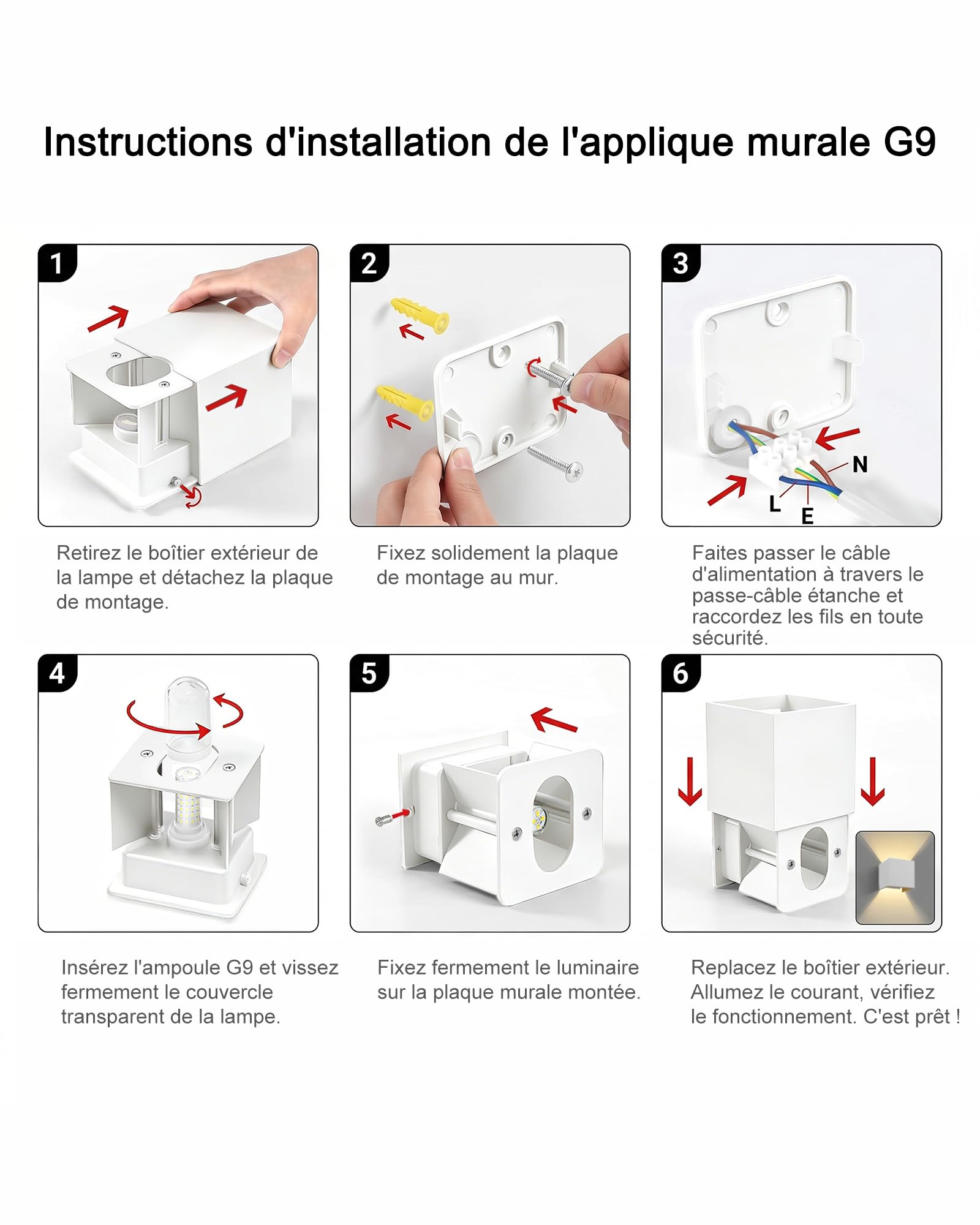 Applique Murale LED Intérieur et Extérieur, Lot de 2, Blanc Chaud 3000K, Ampoule G9 Remplaçable, Étanche IP65, 9W 700 Lumens, Angle de Faisceau Réglable 0-120°, Aluminium, Blanc Sable