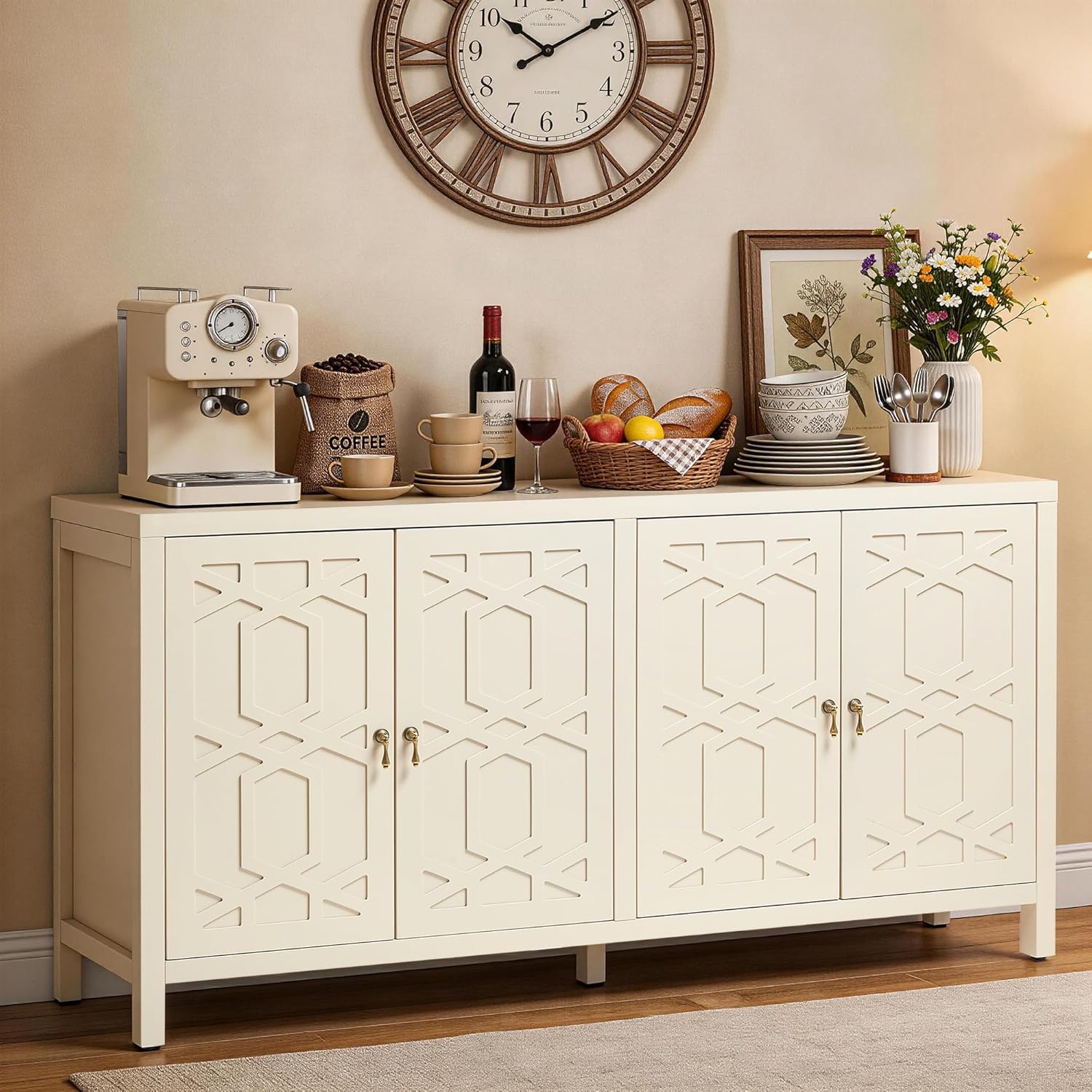 Buffet Cabinet with Storage, 60" W Modern Coffee Bar Sideboard with 4 Doors & Adjustable Shelves, Wooden Credenza for Dining Room, Kitchen, Living Room |-image-22
