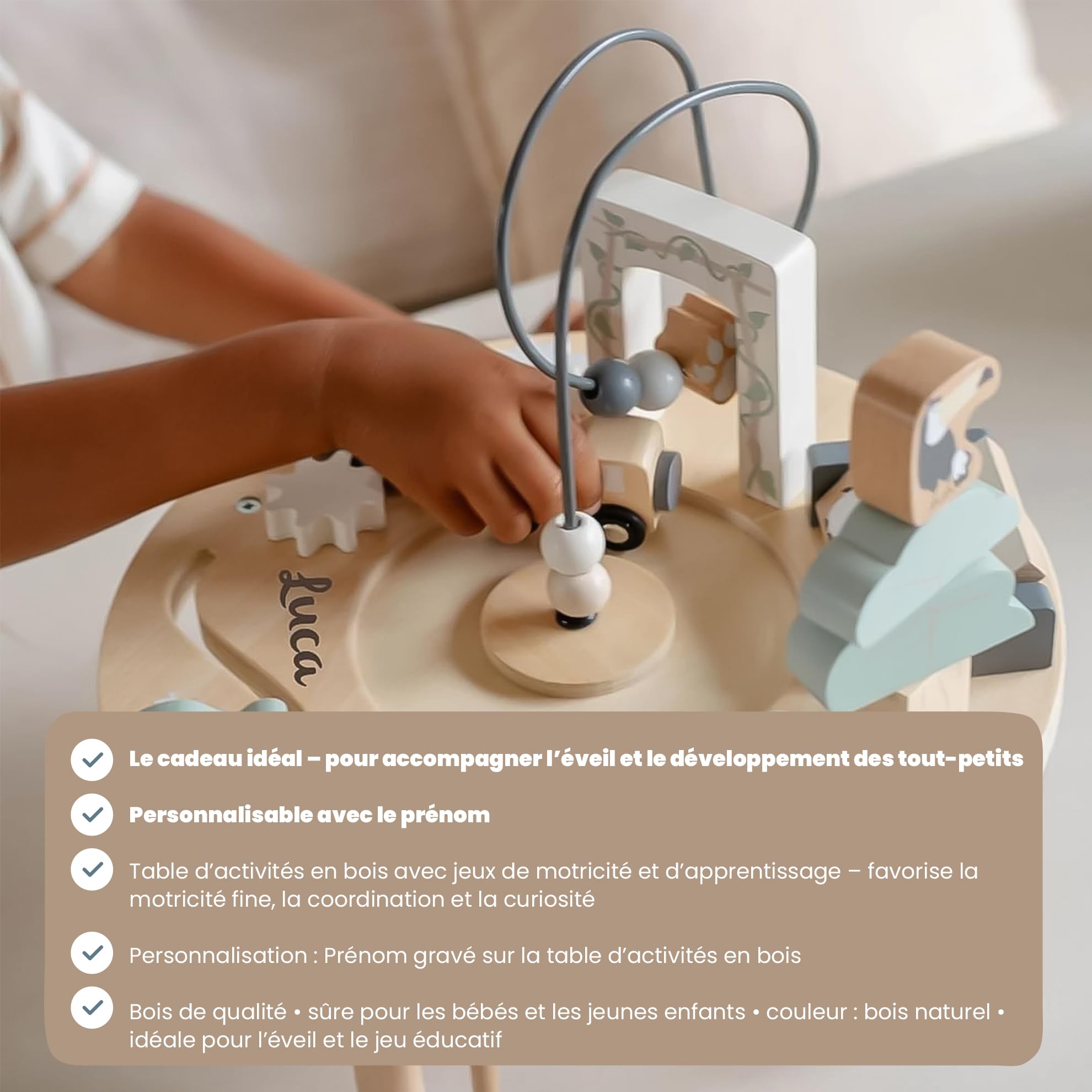 Personnalisable Table d’activités en Bois – Jeux de motricité & apprentissages – pour bébés & Tout-Petits – personnalisée avec prénom – Tryco