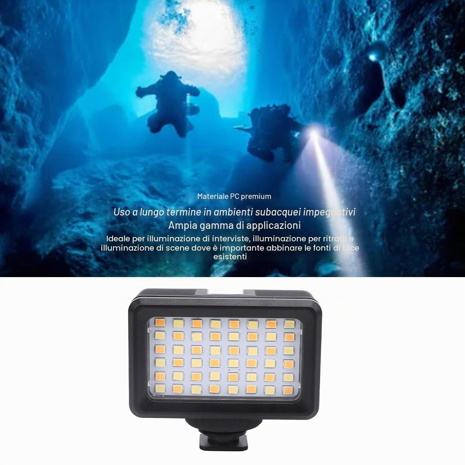 Lampada Subacquea Impermeabile, Luce LED Video Dimmerabile CRI 95+ 2500-9000K per Action Cam, Accessori Fotografici Subacquei 40M, con Adattatore 1/4 Pollice