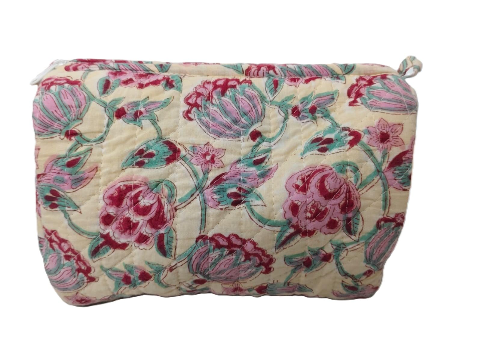 Quilted Cotton Cosmetic Pouch, Floral Block Print, Cream | Hand Block Printed, Striped Handles, Reusable Tote, Two-Piece Set, White Base-image-3