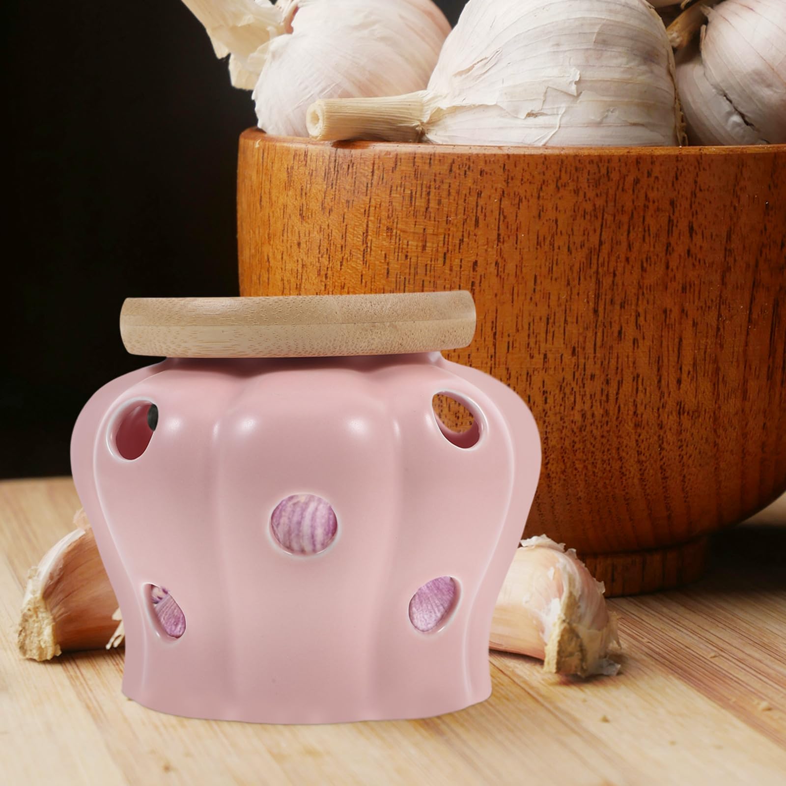 OSALADI Recipiente de Cerámica Tapa Ventilada Gran Capacidad Fácil de Limpiar para Almacenamiento de Ajo y Jengibre Adecuado para Accesorios de Cocina Hogar