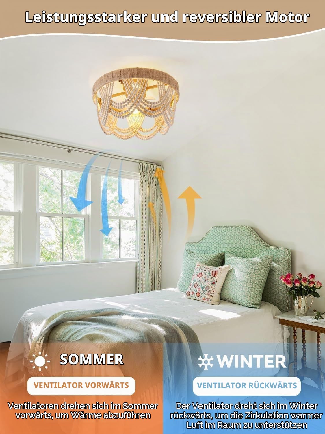 Boho Deckenventilator mit Licht bündige Montage Küstenperlen Fandelier Deckenventilatoren mit Lichtern und Fernbedienung geschlossener Käfig mit 6 Geschwindigkeiten Schlafzimmer Kinderzimmer
