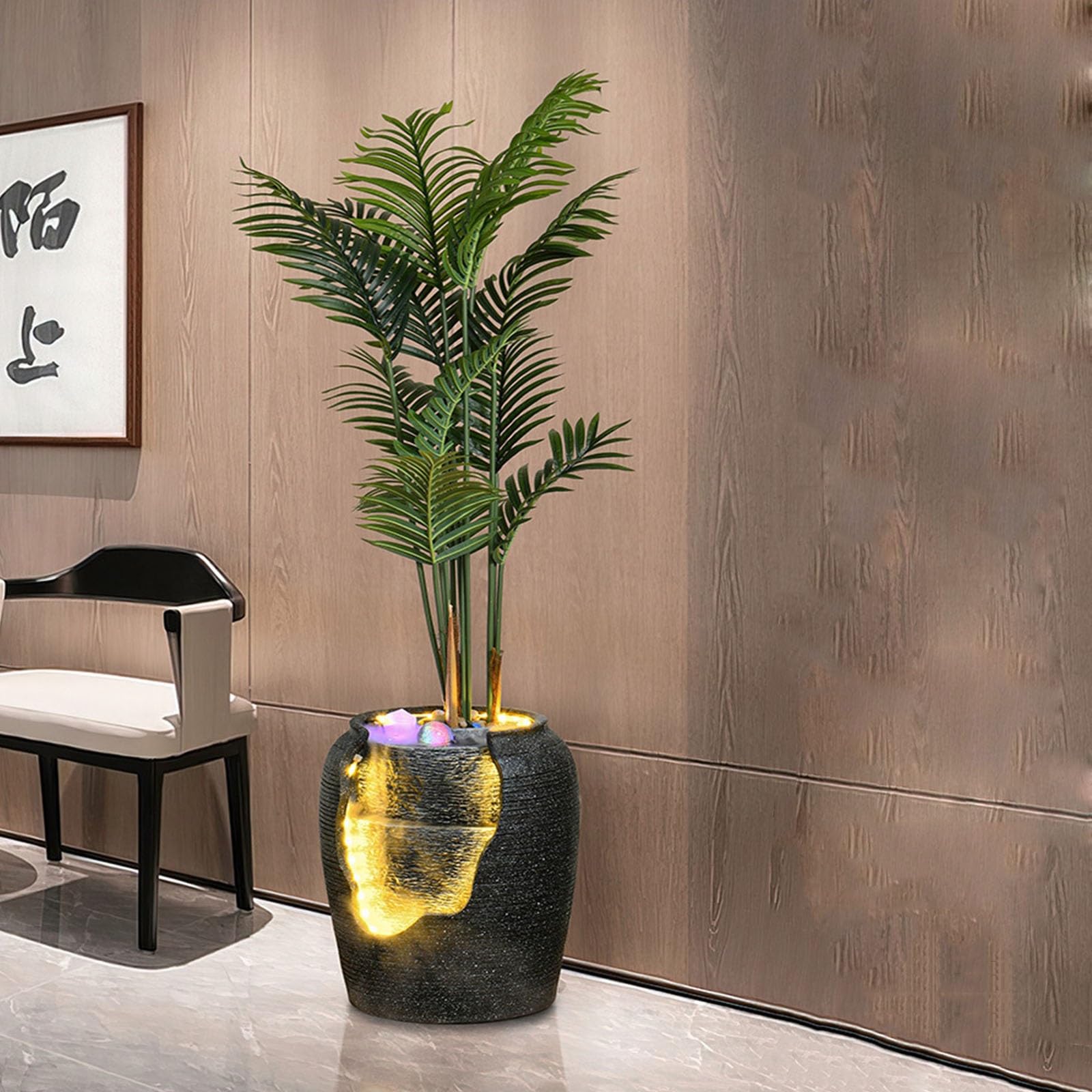 Fuente de Agua Fuente de Agua Moderna con Plantas simuladas, humidificador de Agua de Piso a Techo for Sala de Estar, Entrada, Sala de Estar, balcón Fuente de Jardín(Negro)