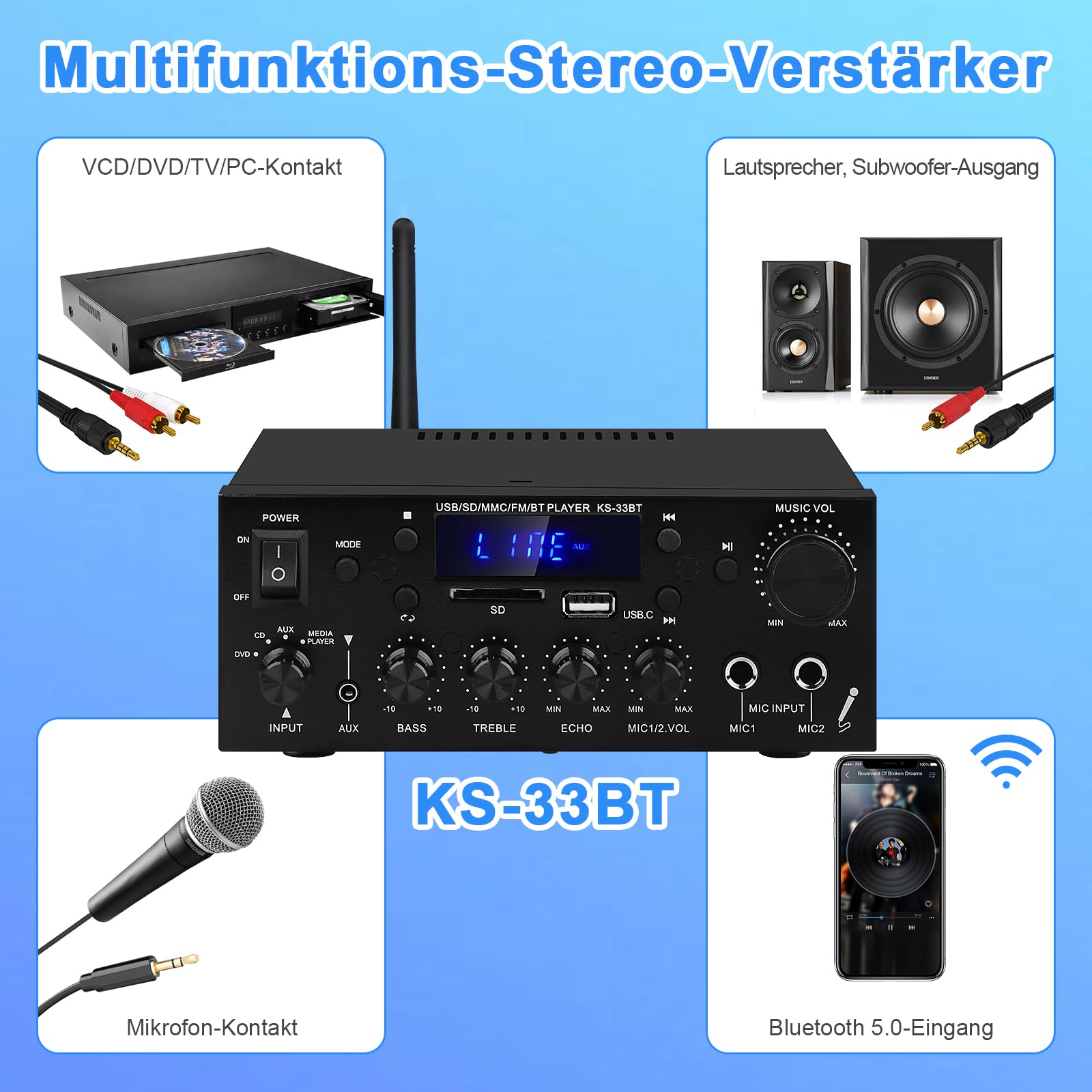 Amplificador de audio para el hogar, KS-33BT 2 canales Bluetooth 5.0, amplificador HiFi, RMS 60 W x 2 Max 400 W X 2 Amplificadores estéreo receptor W/Echo, USB/SD/AUX/BT.C/FM Micrófono para cine en