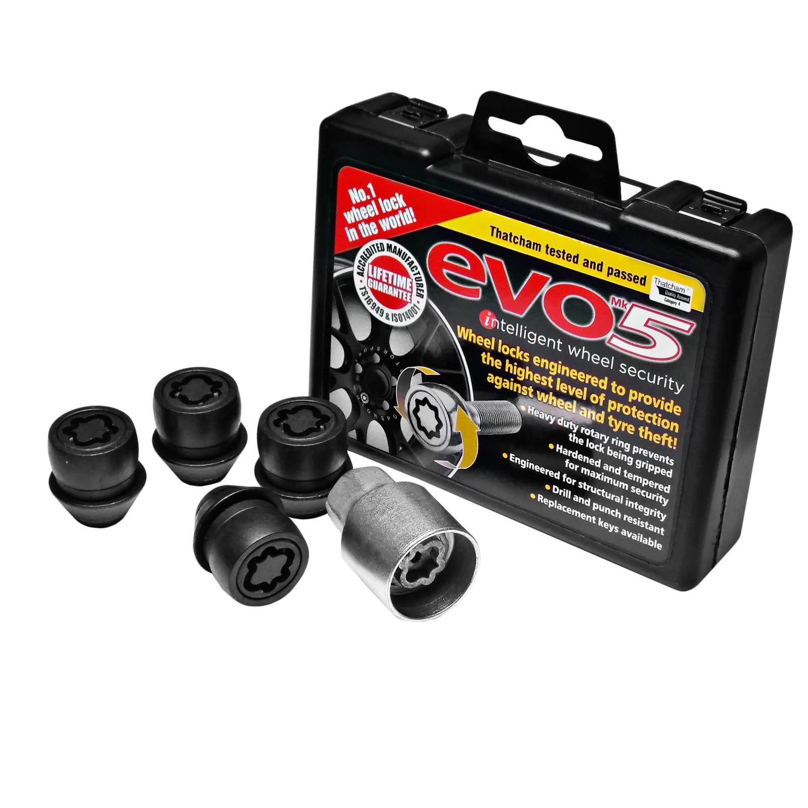 BITS4REASONS - NEW MODEL E TECH EVO5 COMPATIBLE WITH FORD O/E (PRE-2012 MODELS) MK5 QUALITY ANTI-THEFT LOCKING WHEEL NUT SET (4 NUTS AND KEY) N M12 x 1.5 19X 60° - BLACK 980/5