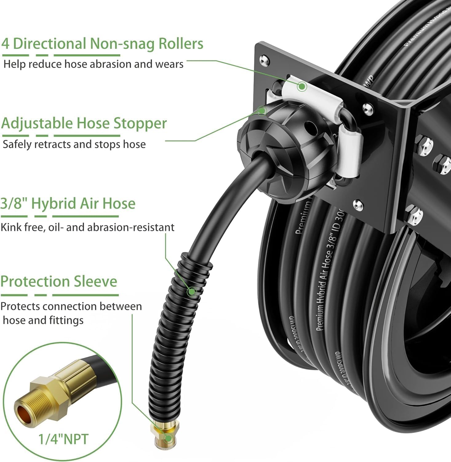 Air Hose Reel Retractable Industrial 3/8" x 50' PVC Air Hose, Auto Rewind Air Tool Hose Reel, 300PSI Heavy Duty Steel Reel (BLACK)