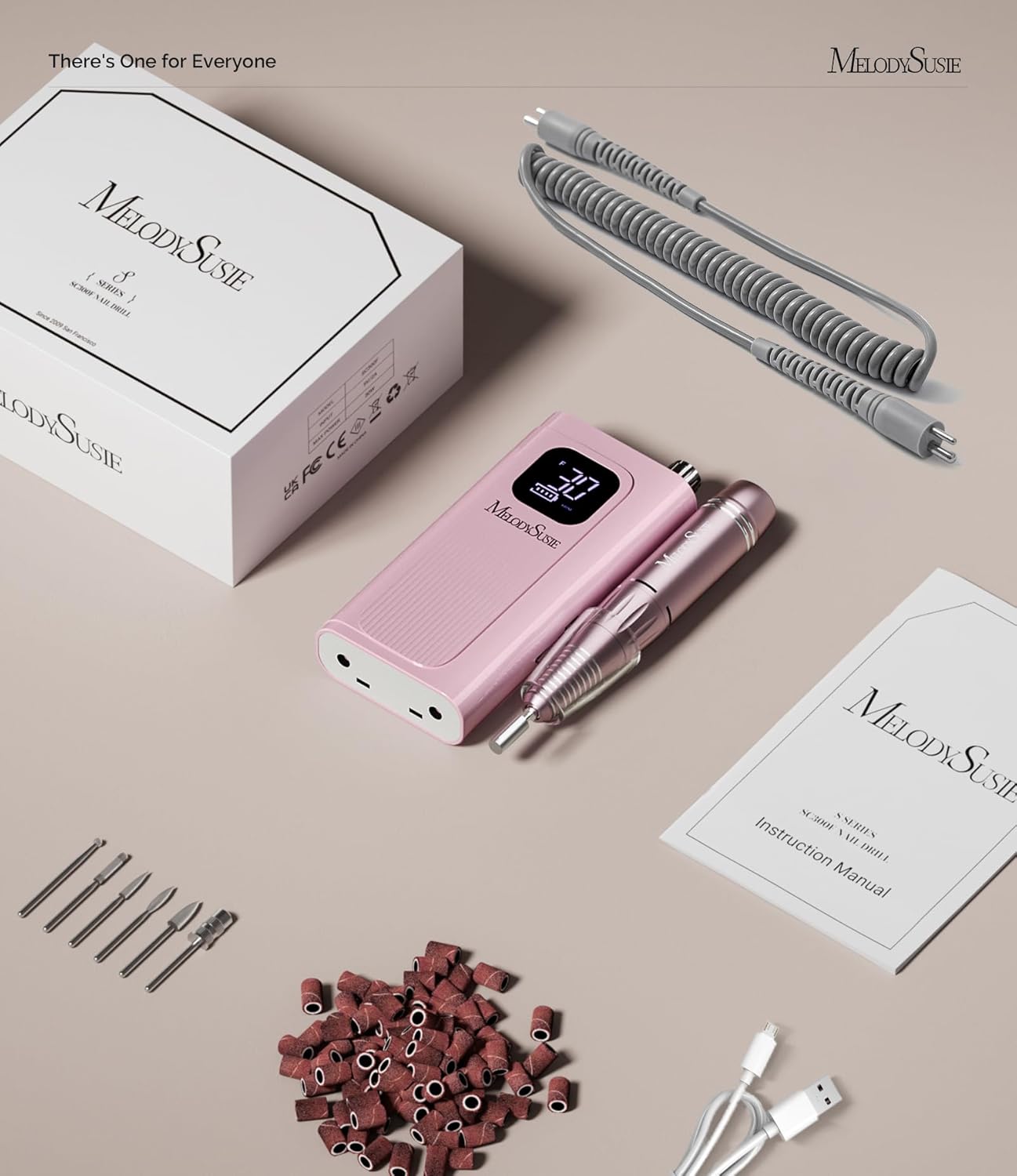 MelodySusie Entry-Level Clip-On Rechargeable Essential Nail Drill, SC300F 30000RPM E-File with LCD Display for All Manicure Shaping & Gel Removal, Ideal for Training,Nail Art Practice & Home Use, Pink