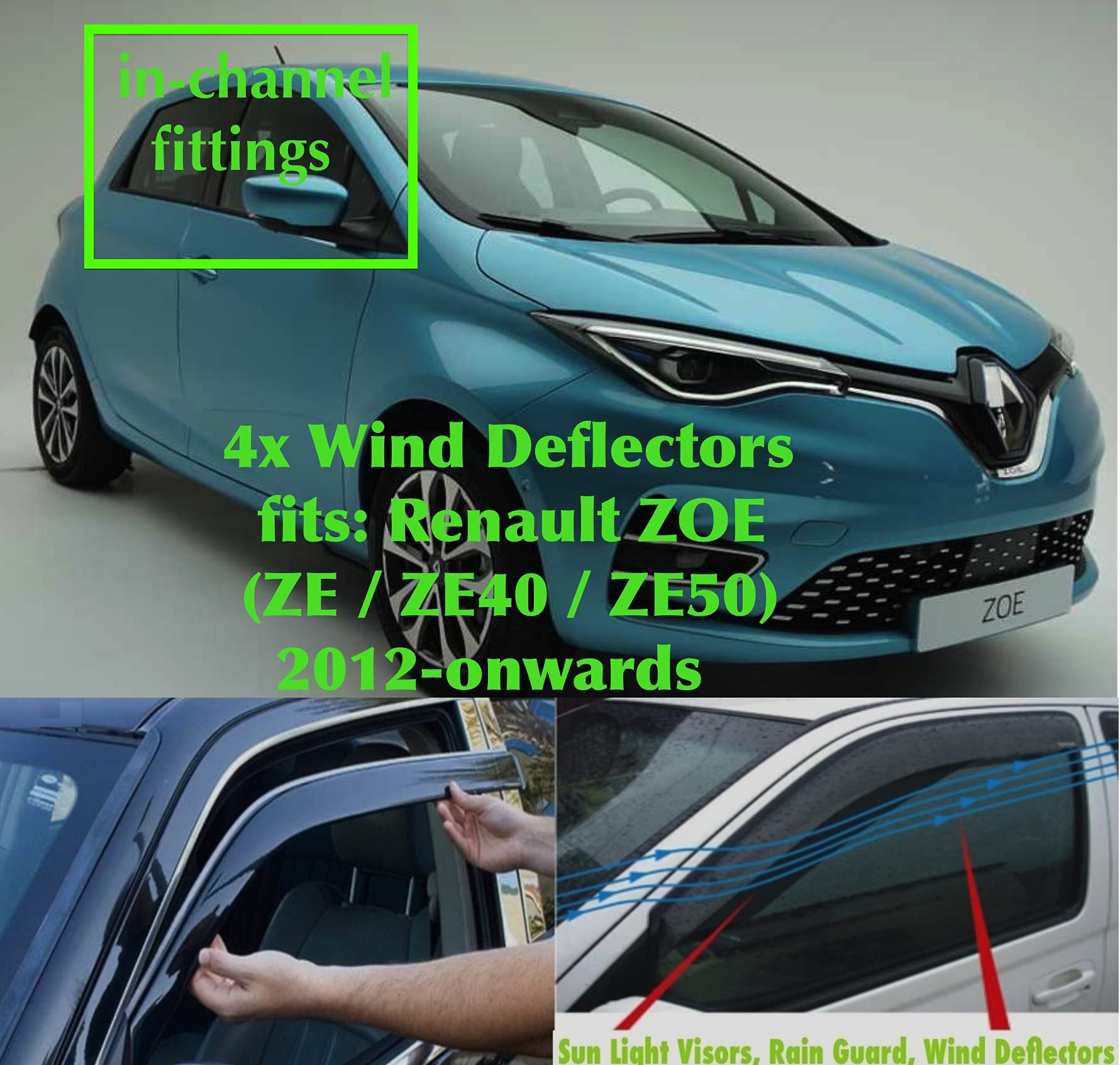 Set of 4 Wind Deflectors compatible with Renault Zoe ZE ZE40 ZE50 2012 2013 2014 2015 2016 2017 2018 2019 2020 2021 2022 Side Door Window Rain Guard Sun Visor Acrylic Glass PMMA