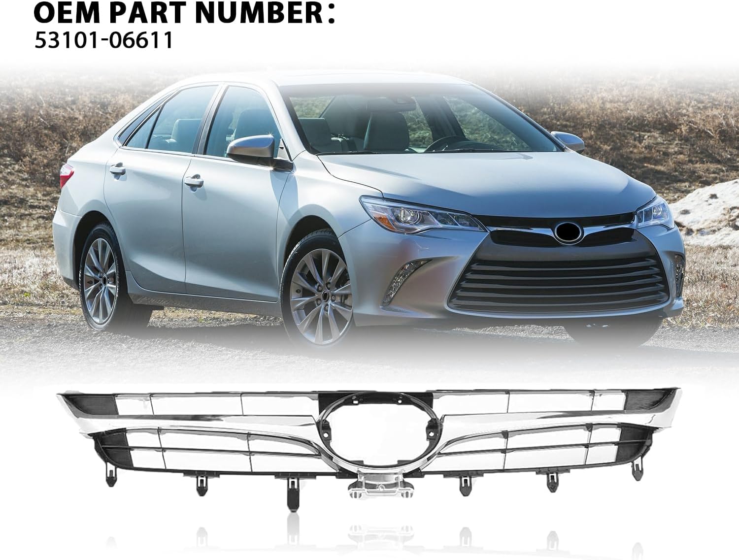 Front Bumper Upper Grille for 2015 2016 2017 Toyota Camry LE SE XLE XSE, Black and Chrome Front Upper Grill Replace for 5310106411 TO1200377