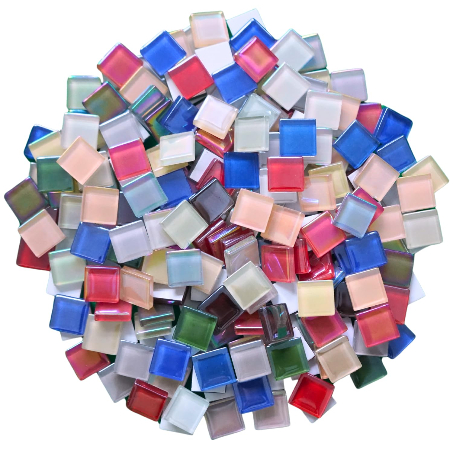 Yuvori Iridescent Square Glass Mosaic Tiles, 0.59inch, 1.1 lbs, DIY, Picture Frames, Bathtubs, Coasters, Vases, Indoor Decor (Multicolor)