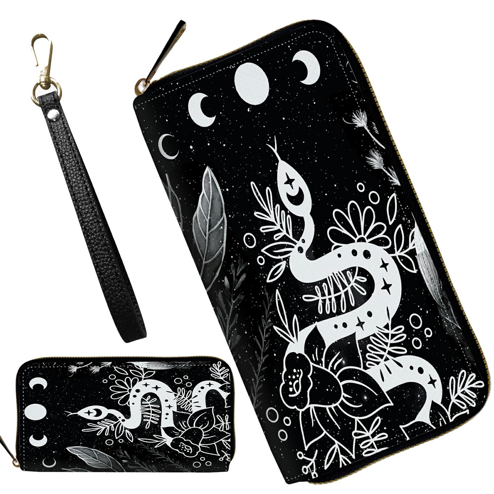 Womens Wristlet Wallets, Ladies Wallet Clutch Purse with Removable Wrist Strap Zip Around Large Capacity Credit Card Holder Cellphone Long Purse Travel Wristlet Bags, Witchy Snake Trippy Moon