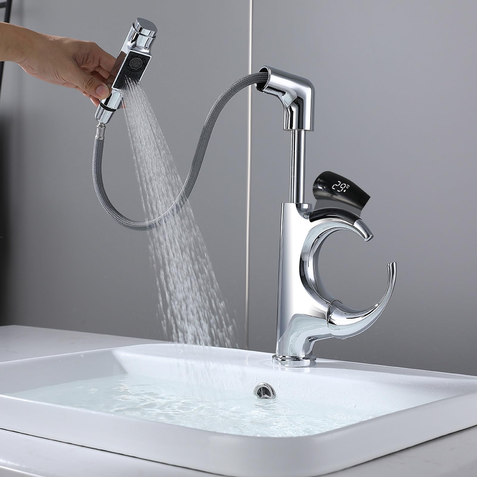 Robinet cuisine douchette LED en laiton mitigeur évier rotatif en L